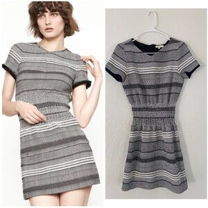 Maje striped Ricka jacquard black and white sheath mini dress w/cuffed sleeves